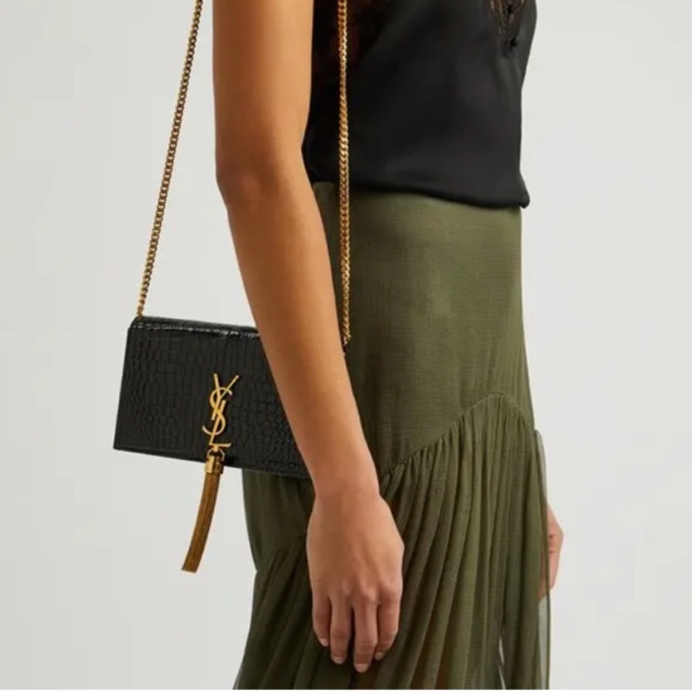 Kate Tassel Croc-Embossed Chain Wallet